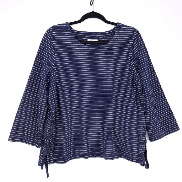 Madewell Pullover Sweater Top Size Large Nautical Navy Striped Side Lace Up - Picture 2 of 12
